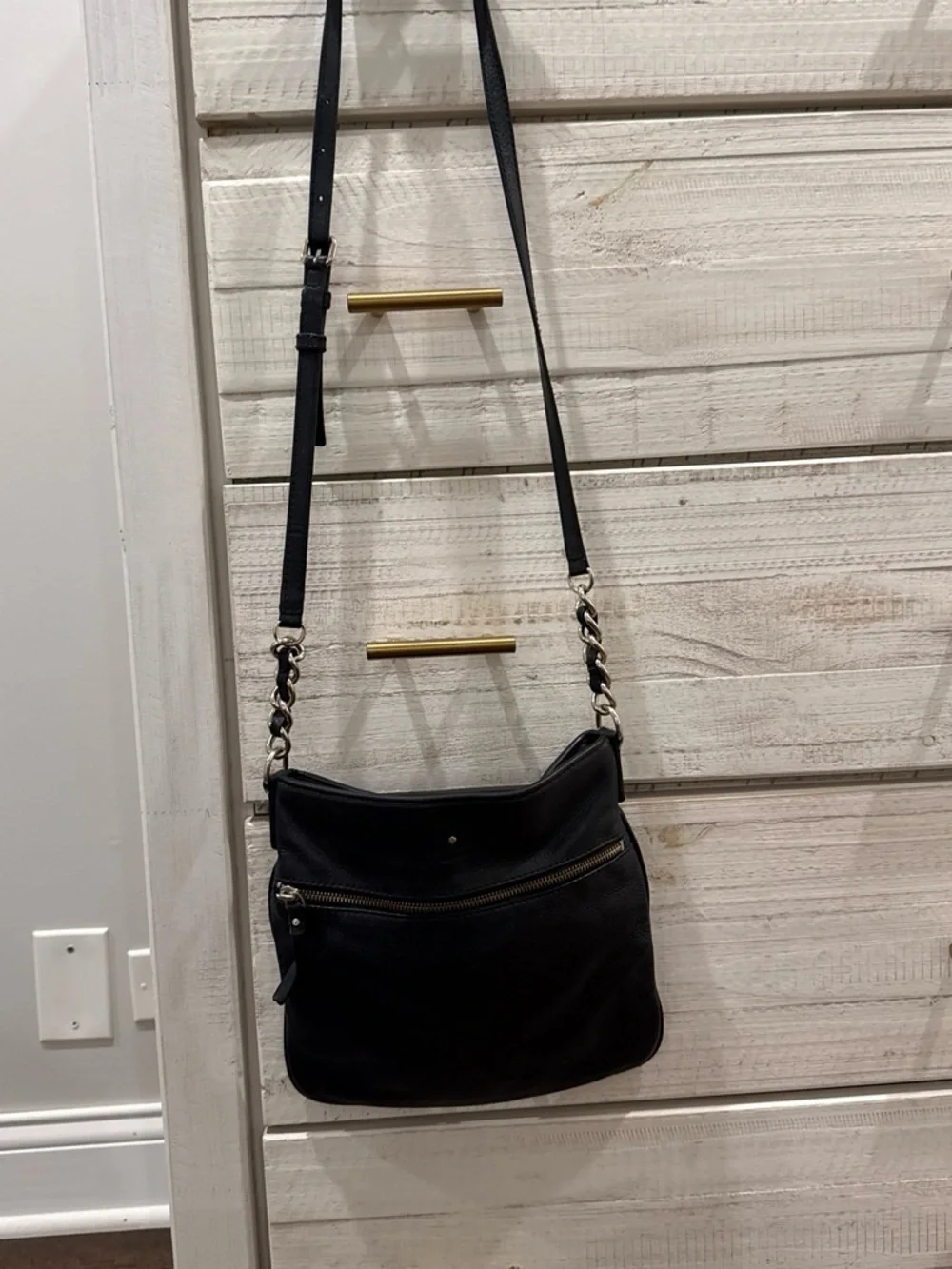 kate spade Black Leather Crossbody with Gold Chain Accent